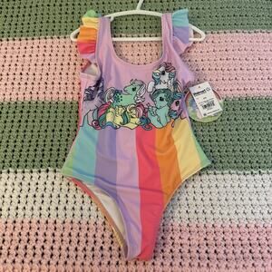 My Little Pony Girl One Piece Swim Suit Bathing 4/5 New With Retro Ponies Stripe